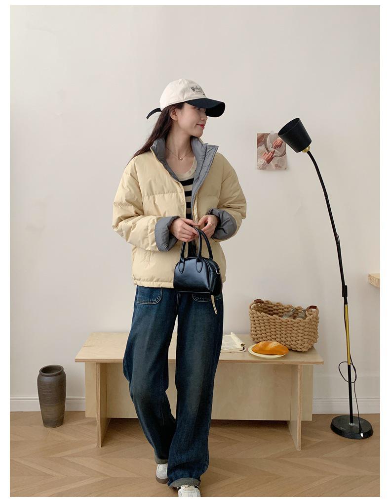 Women's 2025 Winter Korean Style Short Down Jacket, Thickened Stand-up Collar, Petite All-match White Duck Down Color Block Puffer.