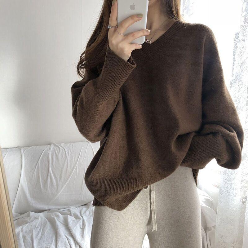 Casual V-neck Loose Pullover Knitted Women Sweater Autumn and Winter Fashion Bottoming Shirt Elegant Office Ladies Long Sleeve Sweater Solid Color Top