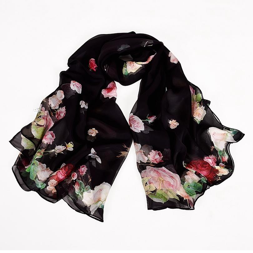 

[BYSIFA] Black Roses Silk Scarf Shawl Women Spring Autumn Floral Design Long Scarves New Brand 100% Scarf Foulard 180*110cm