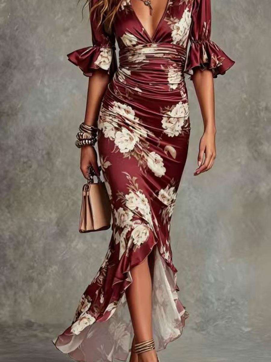 

Summer New Style V-Neck Slim Fit Long Dress with Floral Print and Ruffled Hem Elegant Dress XXL червоний