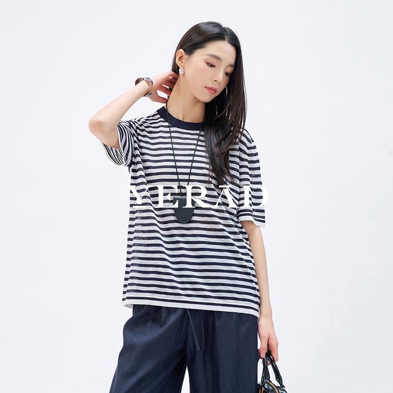 Yalida Women's Relaxed Striped Knitted Short-Sleeved Pullover T-Shirt