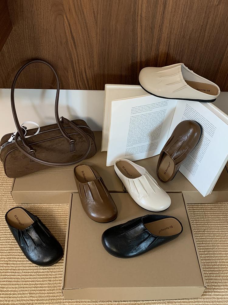 Fashion Outwear Round Toe Mules Daily Shoes For Women Retro Flats Slip On French Style Half Slippers Comfort Slides Soft Footbed Sandals