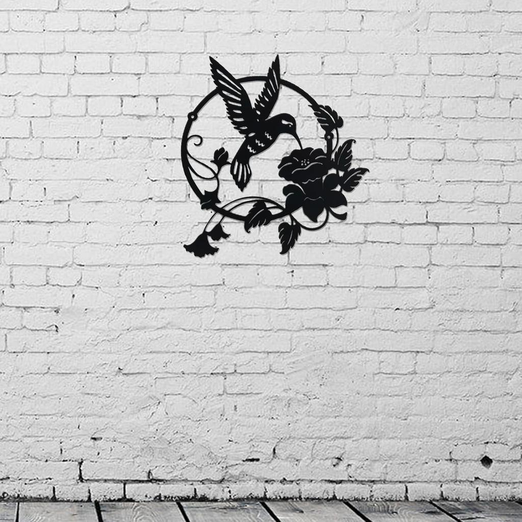 CHIUIN Metal Bird Wall Art Decor Garden Living Room Decor Metal Bird Wall Silhouette Hummingbird Flower Wall Art Hanging Decoration Gift (10in,Black)