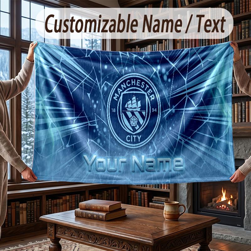 Custom Name Flannel Throw Blanket Manchester City Pattern Warm Home Decoration