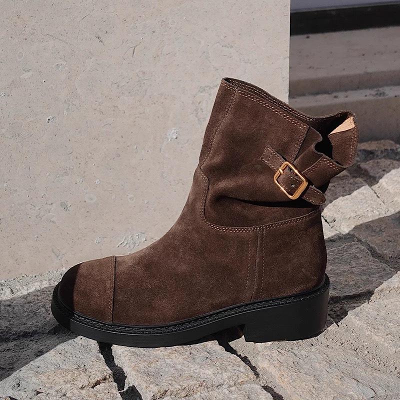 Vintage niche suede suede belt buckle Martin boots women's autumn and winter velvet round head thick heel short boots cowboy boots