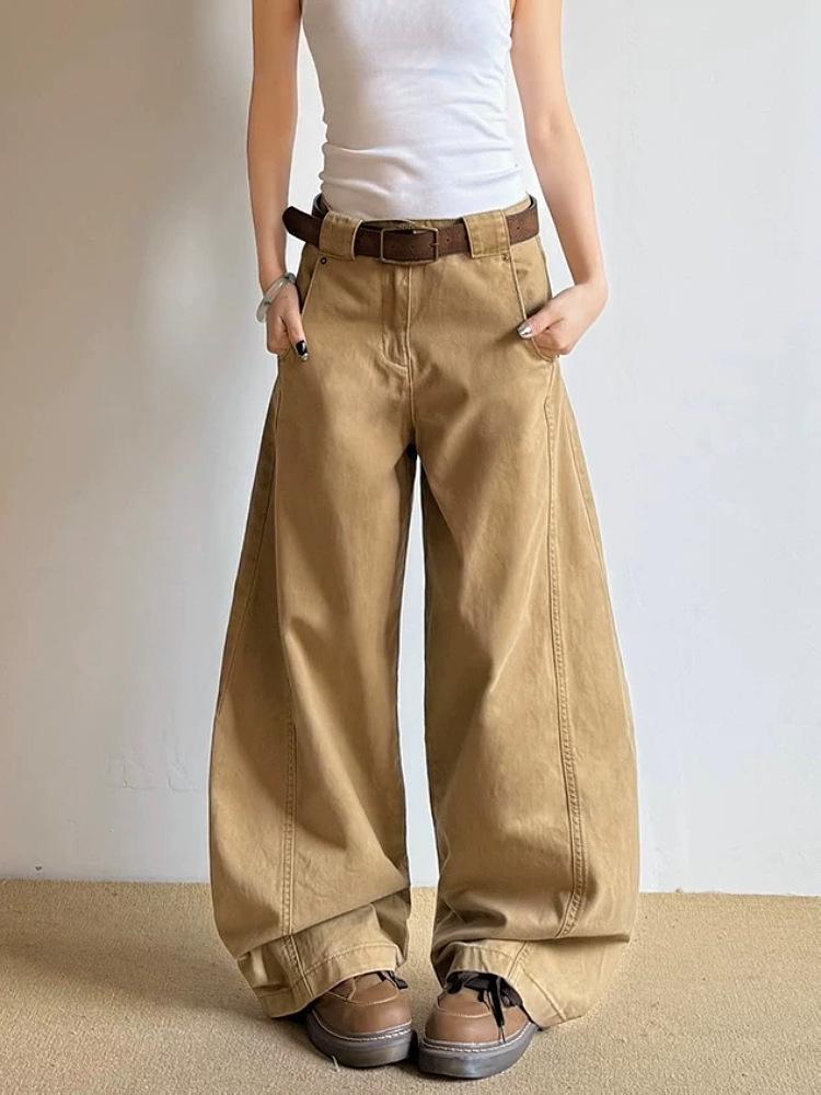 

Unisex Retro Khaki Wide Leg Jeans: American Style, Curved Design, Loose Fit, Straight Leg Casual Pants M хаки