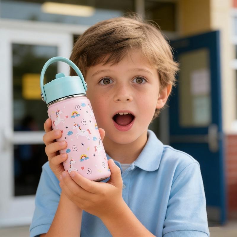 Wide Mouth Thermal Stainless Steel Water Cup Cartoon Handle Straw Tumblers Water Bottle for Outdoors