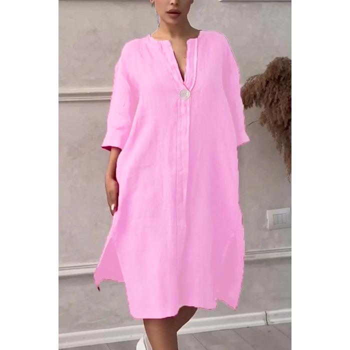 

Cross-border Slimming Round Neck Button Solid Color Long Dress M рожевий