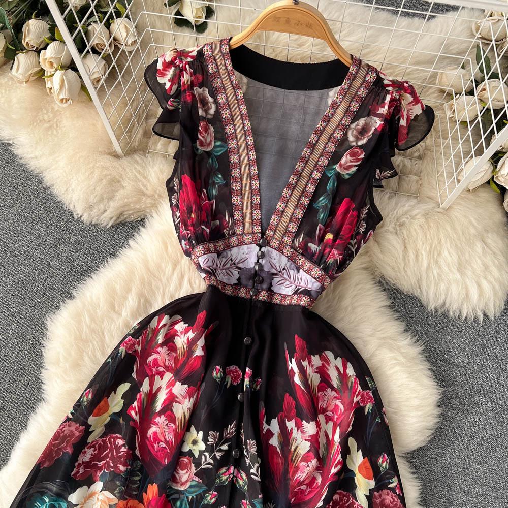 Summer Sweet Ethnic Style Retro Deep V-neck Wooden Ear Edge Sleeveless Printed Dress Women Cake Fairy Long Dress