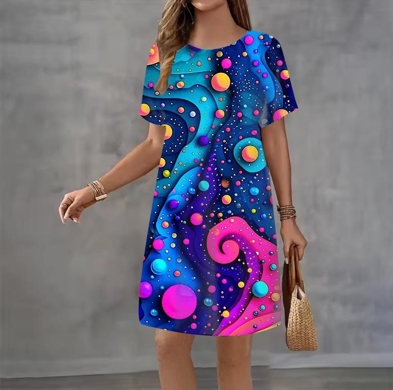 Fashion 3D Print Summer Dress Loose Casual Short Sleeve O-Neck Mini Dress