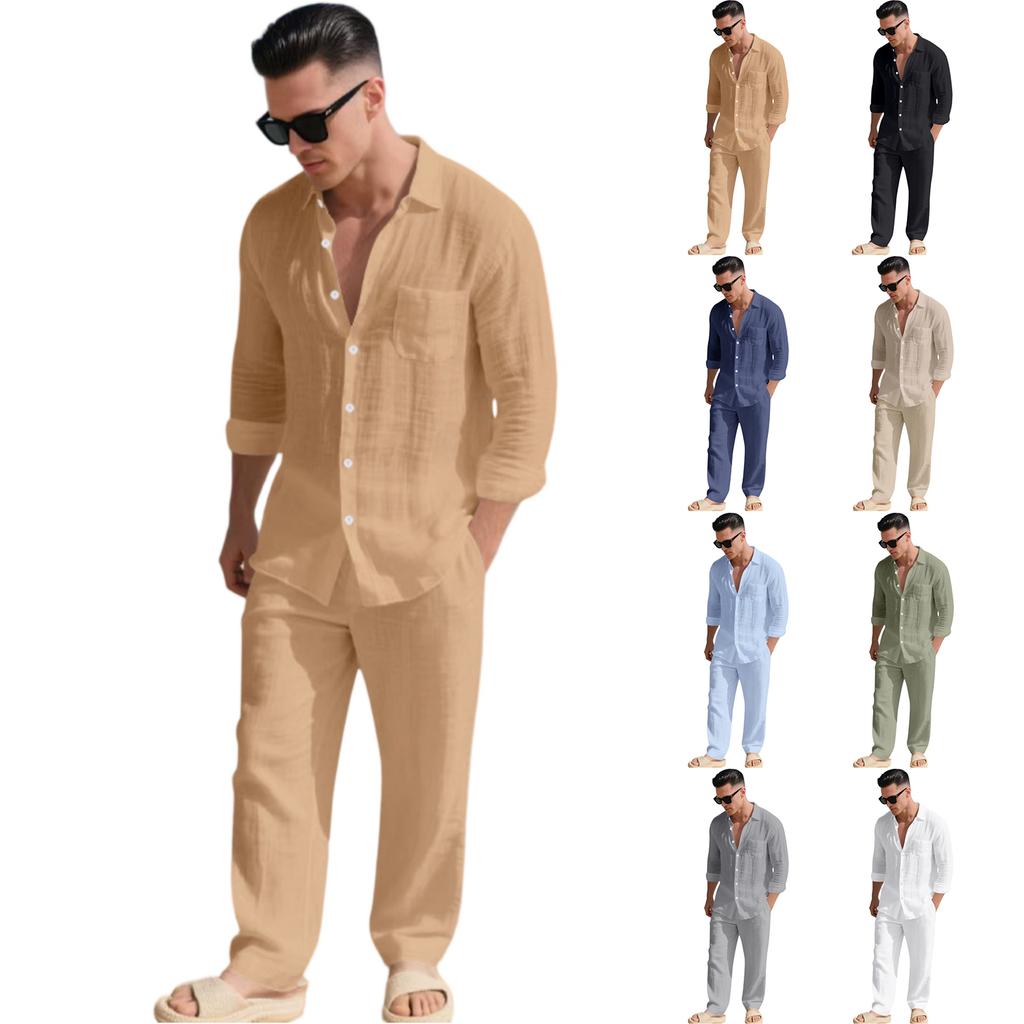 Mens Linen Two Piece Set Long Sleeve Button Down Shirt with Collar and Pocket Relaxed Fit Drawstring Waist Pants Beach Outfit