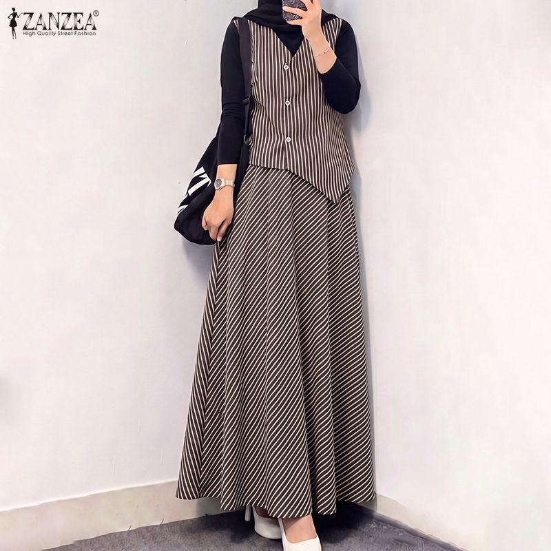 ZANZEA Women Splice Long Sleeve Blouse and Long Skirts Stripe Prin Two Piece Sets