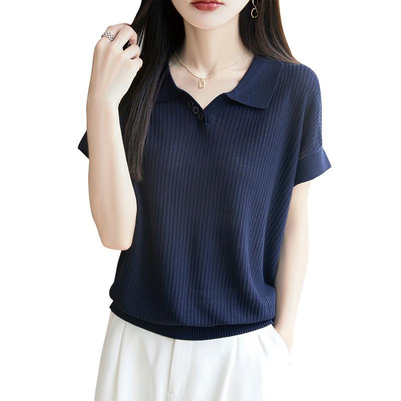 Women Summer New Polo Collar Button V Neck Short Sleeve Ribbed Knit Casual Top