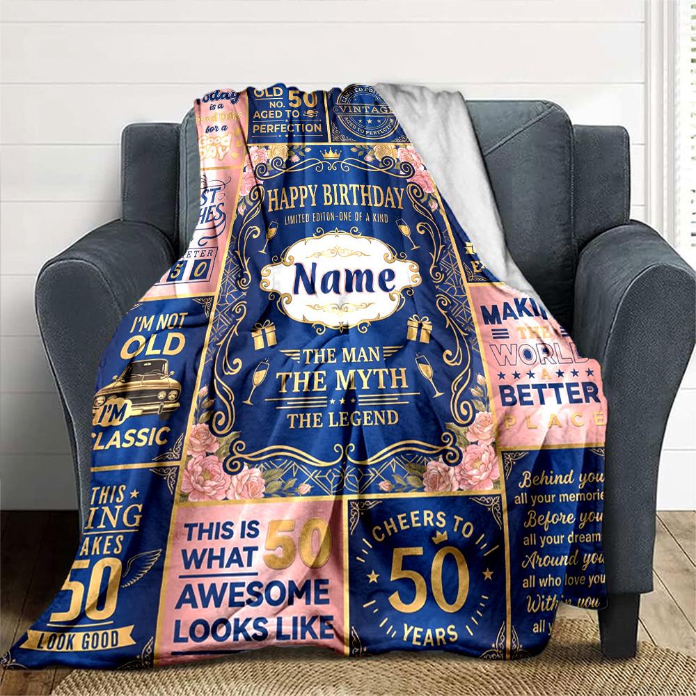 Golden Milestone Celebration Blanket Personalized Name Soft Warm And Versatile For Sofa Bed Office And Travel Machine Washable Comfortable In All