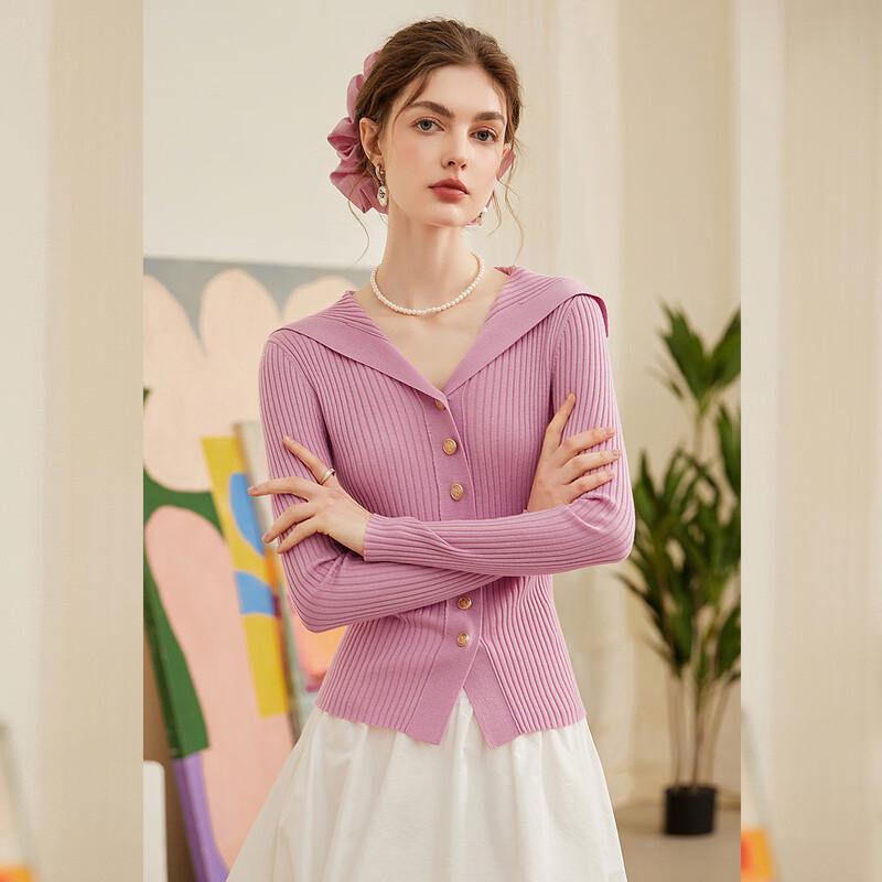 Bailuyu Women's Elegant Slim-Fit Navy Collar Knit Cardigan