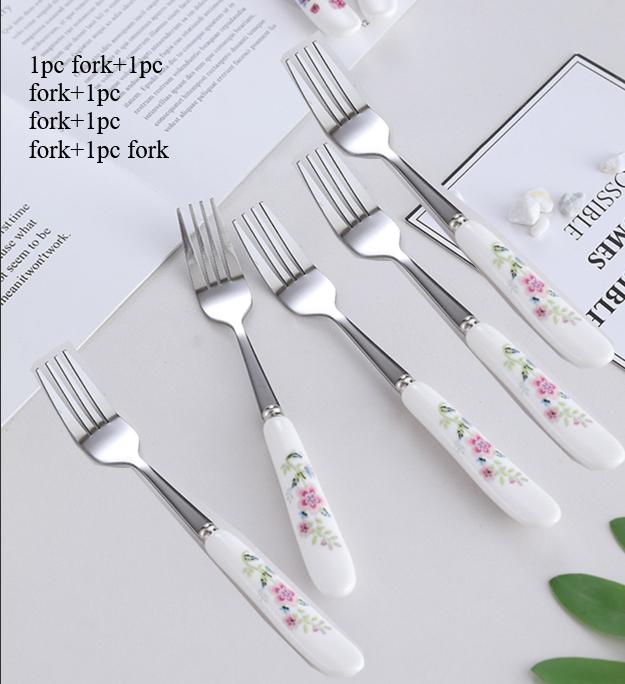 

Floral ceramic handle fork rice spoon tableware stainless steel soup coffee ice spoon dessert household mixing spoon 5pcs