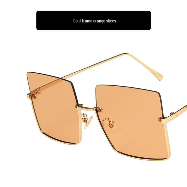 Metal Cut-Edge Semi-Rimless Oversized Square Sunglasses - 2021 Retro Style for Women's Round Faces, Celebrity-Favored.
