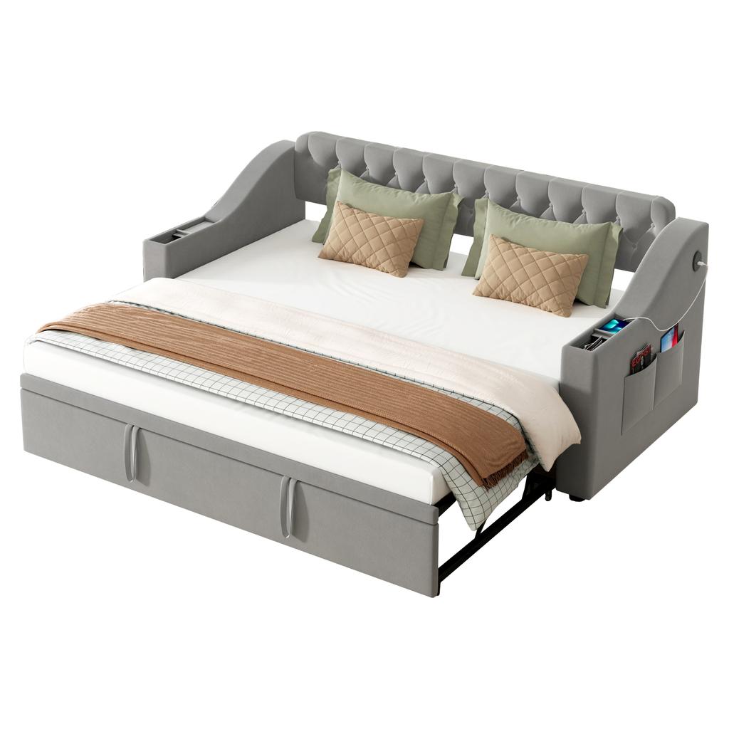 Upholstered Sofa Bed, 90/180*190 Cm, Wider and Thicker Armrests with USB Charging Port, Integrated Storage, with Slatted Frame, Velvet Fabric, Gray
