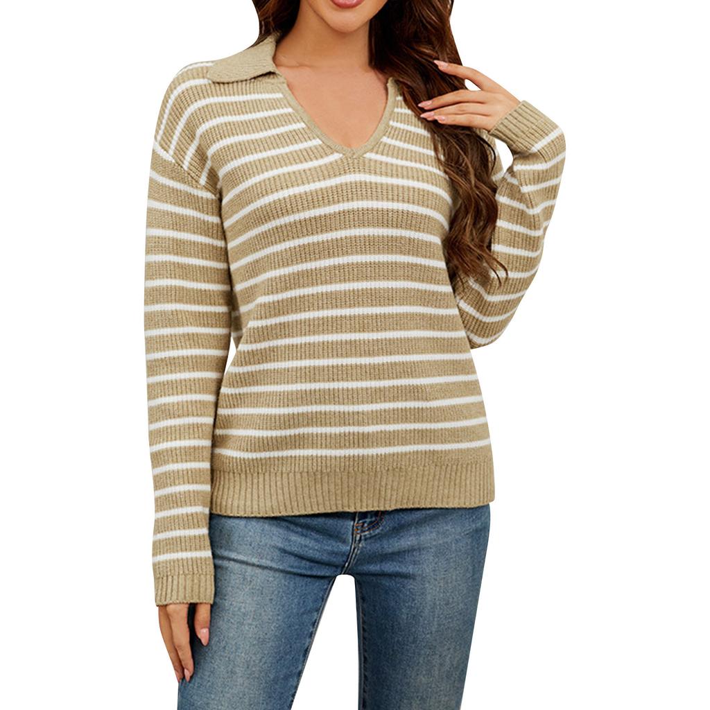 Women's Striped Sweater Casual Loose Long Sleeve Pullover Knit Bottom Sweater