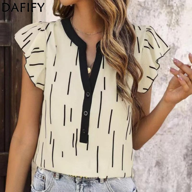 DAFIFY Damemote Uformelt sommer Vår Stripe Print Kortermede V-hals bluser og skjorter