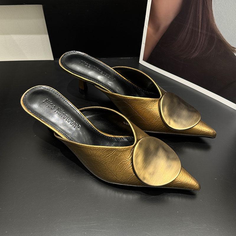 Fashion 2025 New Fashion Pointed Toe Ladies Medium Heels Pumps Shoes Spring Summer  Female Slides Metal Women Heeled Sandals Shoes Mules