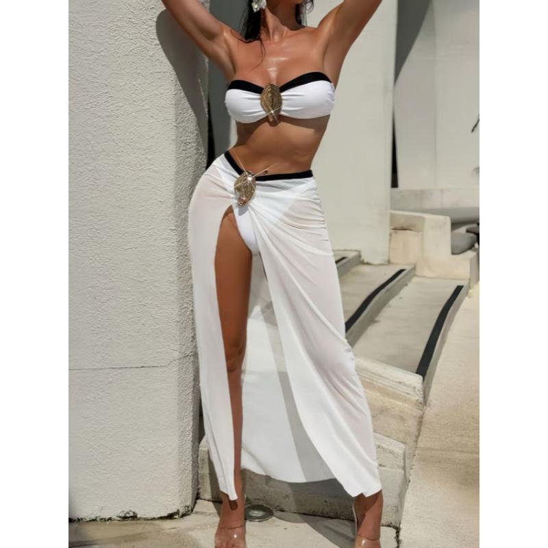 3 Piece Bandeau Bikini Set Sheer Long Skirt Cover Up Gold Decor Sexy Push Up Swimsuit Beach Vacation Bathing Suit for Women