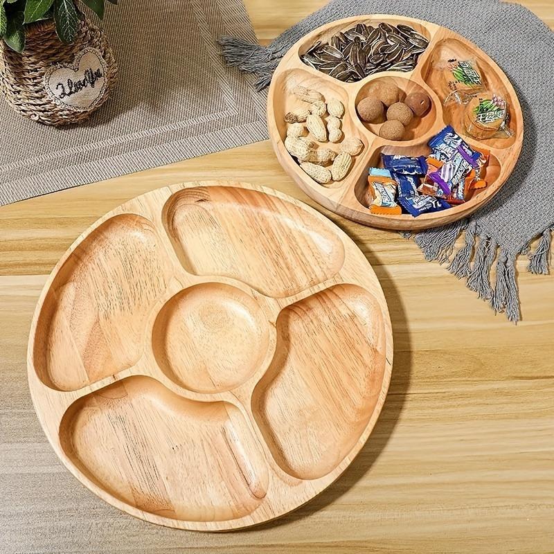 Multi-compartments Wooden Fruit Basket Thickened Snacks Breakfast Holder Round Dessert Snack Tray