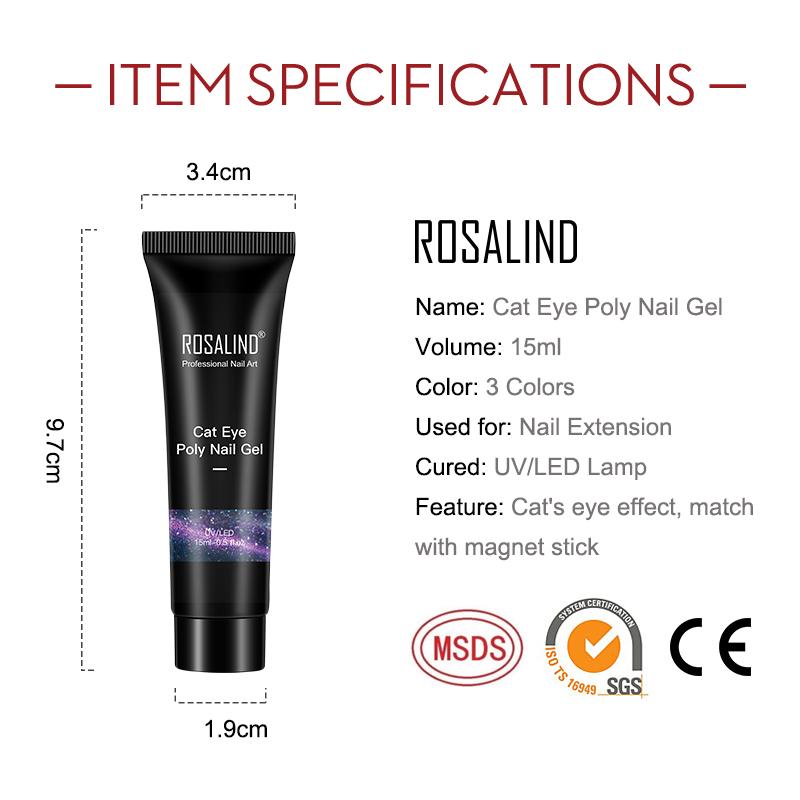ROSALIND Poly Nail Gel Semipermanent UV 15ML Crystal Acrylic Liquid Extension Hybrid Varnish Poly Nail Gel Cat's Eye Effect