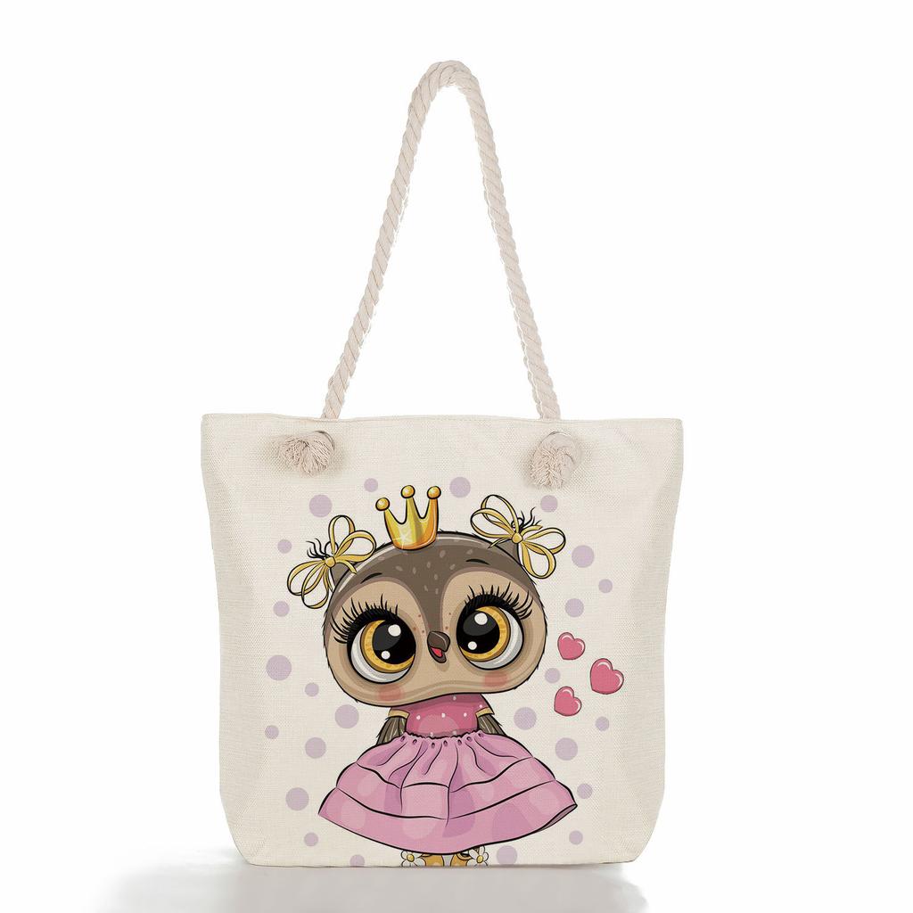 Cute owl print thick rope single-shoulder beach bag 7288 CLE