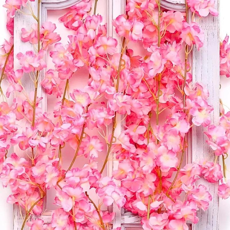 Artificial Sakura Flowers Silk Cherry Blossoms Vines Rattan Garland Christmas Garden Arch Ornament Wedding Party Home Decoration