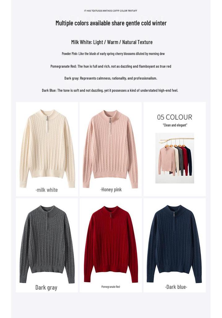 Women's 100% Cashmere Half-Zip Sweater - Casual Loose Fit, Autumn/Winter Knitwear with Stand Collar
