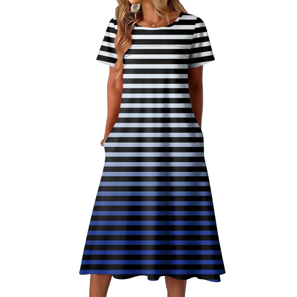 Ladies' striped printed casual and fashionable short sleeved round neck dress