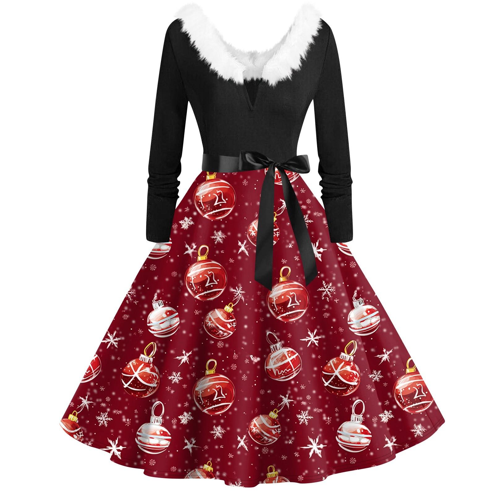 

Женское повседневное и модное платье с длинными рукавами и V-образным вырезом с рождественским принтом на молнии L