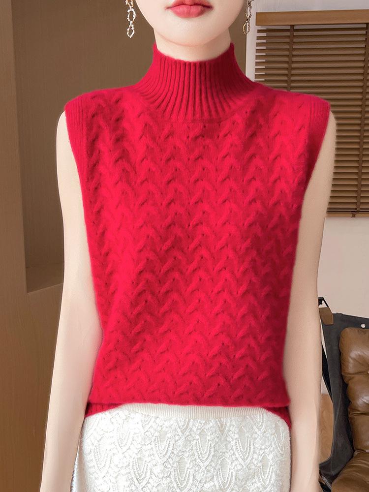 Women's 100% Pure Wool Half-Turtleneck Cable-Knit Sleeveless Sweater Vest for Autumn/Winter