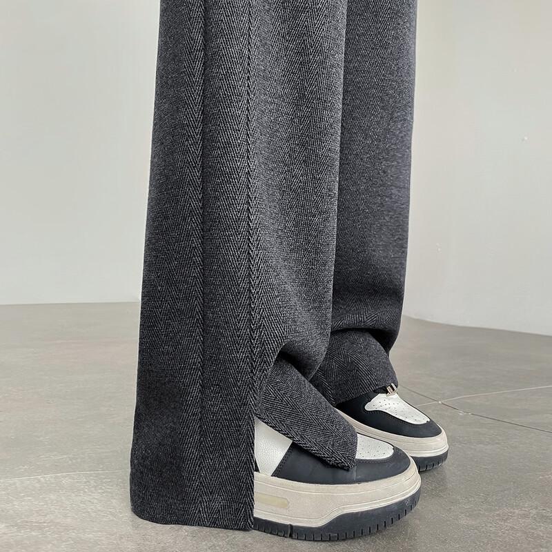 Women's High-Waist Wool-Blend Herringbone Wide-Leg Slit Casual Pants