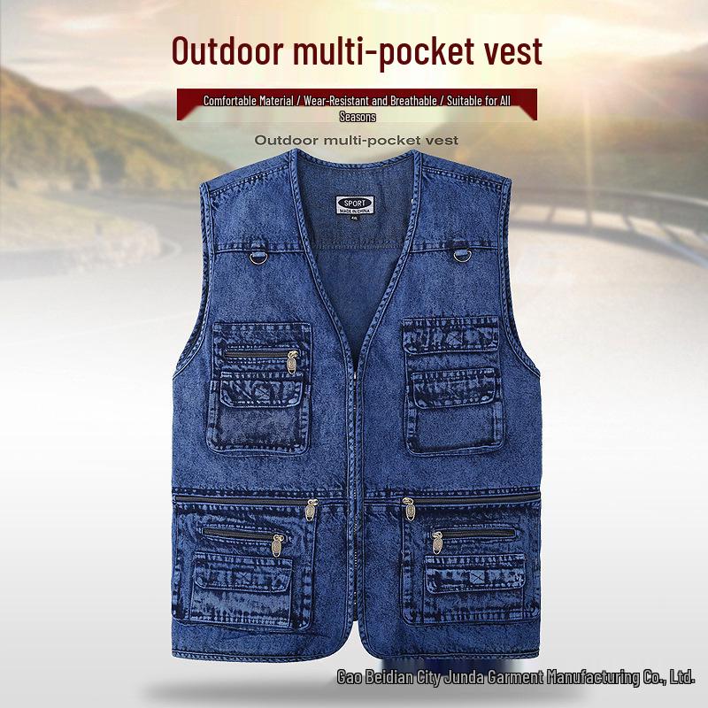 Men's Multi-Pocket Denim Vest for Photography and Fishing