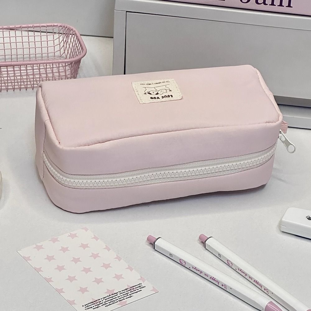 New Solid Color Pen Bag Large Capacity Canvas Pencil Case Gift Cartoon Stationery Bag Students