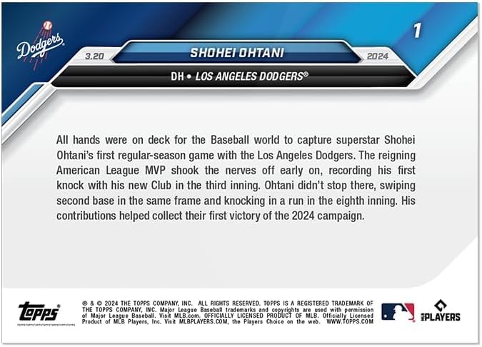 Topps Now 1 Shohei Ohtani Commemorative Card of His First Hit and First RBI As a Dodgers Player In Korea Seoul,