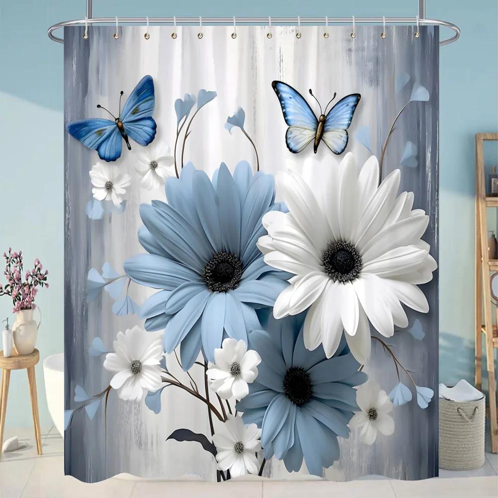 Botanical Flower Shower Curtain Colourful Flowers Green Leaves Watercolour Art Creative Polyester Shower Curtains Bathroom Dec