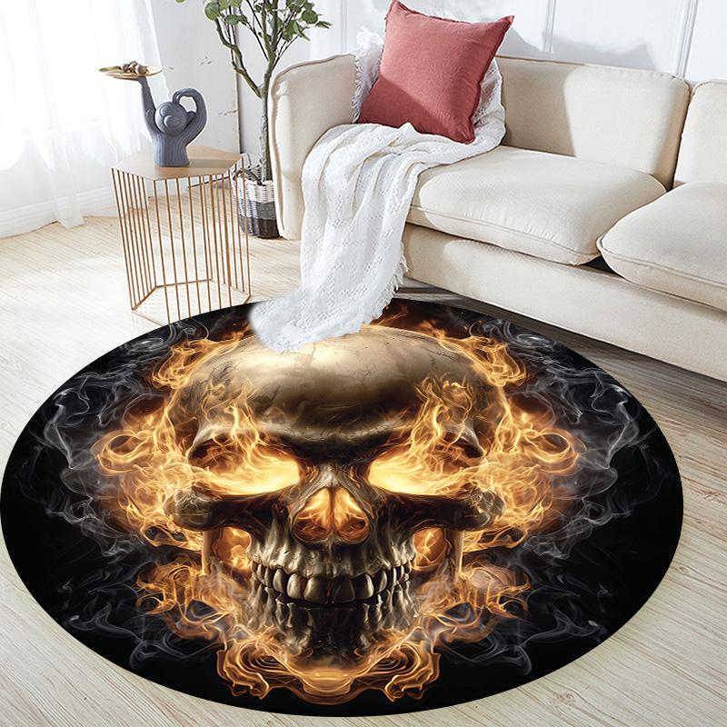 Fire and Smoke Skull  Round Area Rug,Carpet Rug for Living Room Bedroom Sofa Playroom Decor,Non-slip Floor Mat