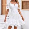 Dámské čtvercový výstřih krátký rukáv krajkové bodycon mini šaty Elegantní společenské šaty na párty