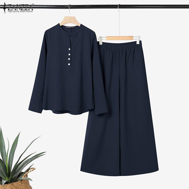 ZANZEA Women Long Sleeve Blouse and Pants Casual Two Piece Suit Sets