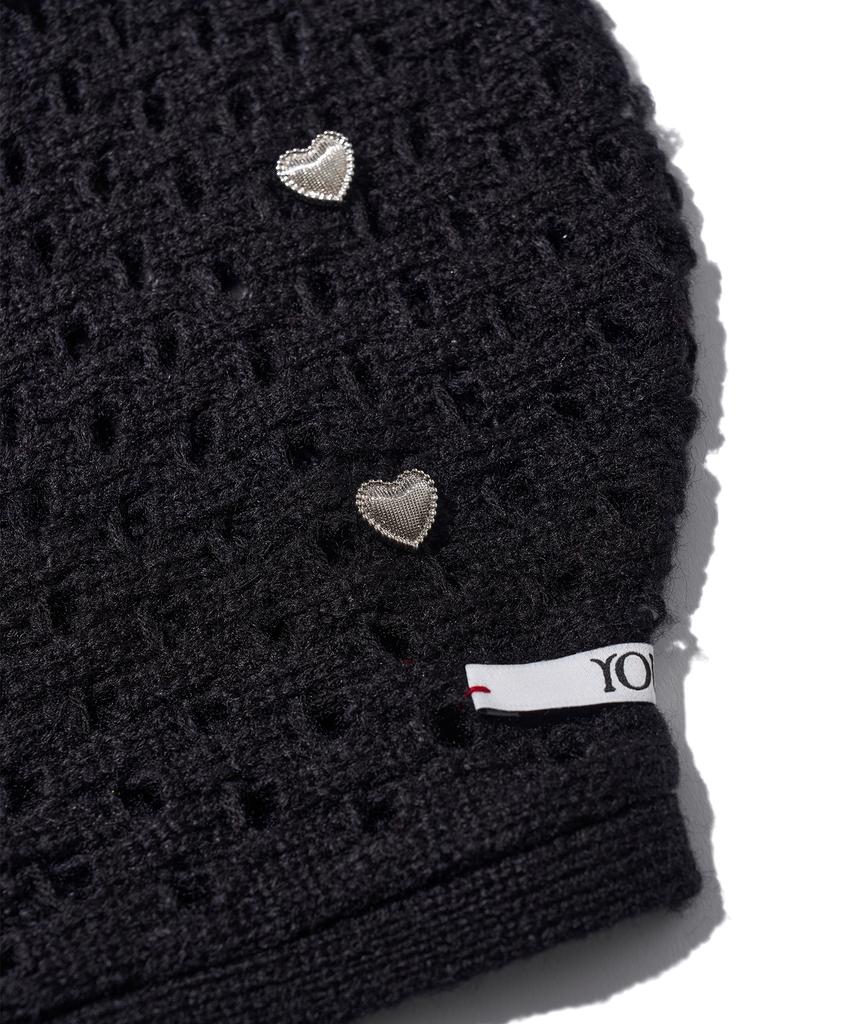 YOUHEE Heart Crochet Bonnet Hat Black