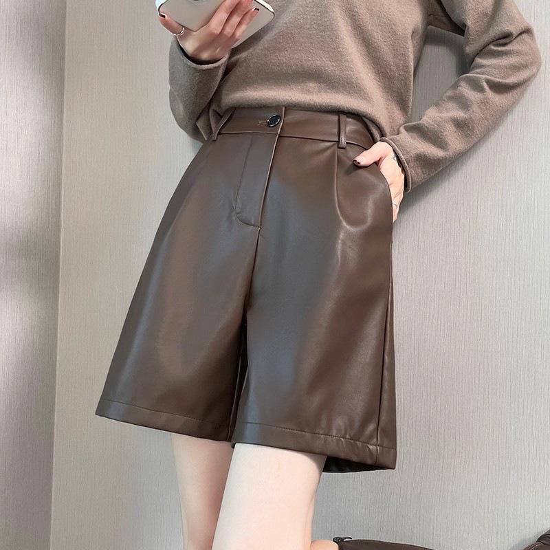 

Women s High-Waisted Black PU Leather Shorts: Autumn/Winter 2025 Slimming Wide-Leg Capris - Perfect with Boots Large