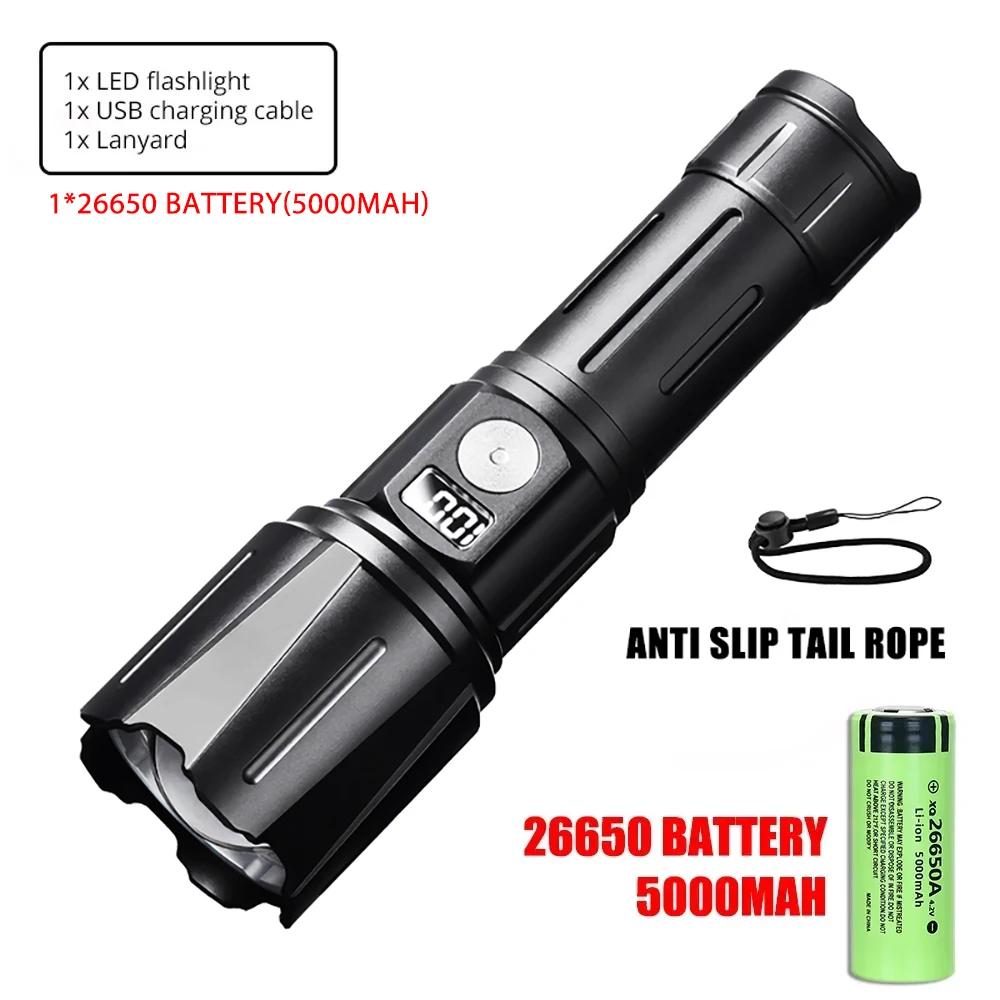 Powerful 60W LED Flashlight USB Rechargeable Tactical 26650 Torch with Power Display Super Bright Long Range Camping Lantern