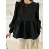 South Korea Cross-Border Sweet Fashion Spring and Autumn New Round Neck Loose Figure Flattering Back Shoelace Bubble Long Sleeve T-shirt Tops