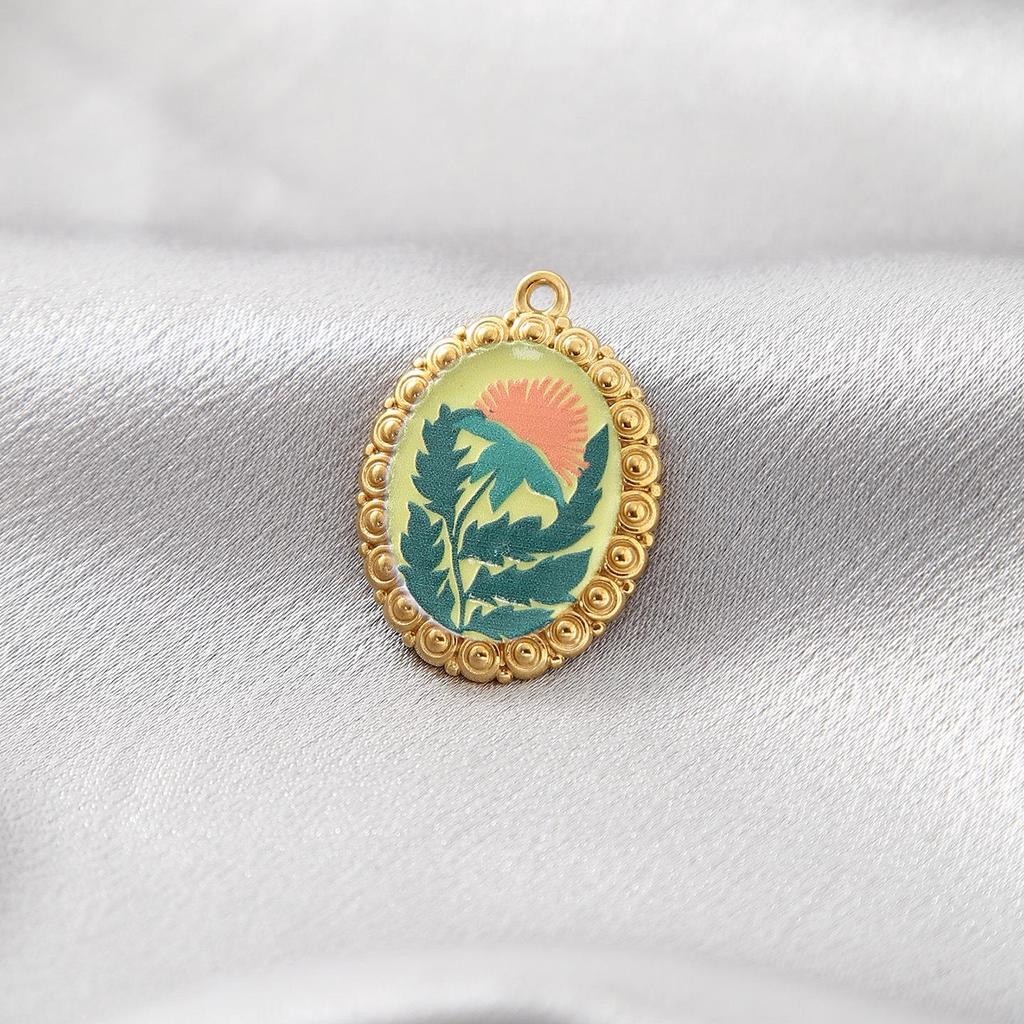 Vintage Floral Oil Painting Necklace Pendant - Stainless Steel, High-End Fashion Accessory