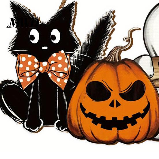 Festive Porch Hanging Plaques Halloween Wooden Welcome Door Sign, Vintage Black Cat Jack-o-lantern Ghost Holiday Atmosphere Room Decor Decoration,