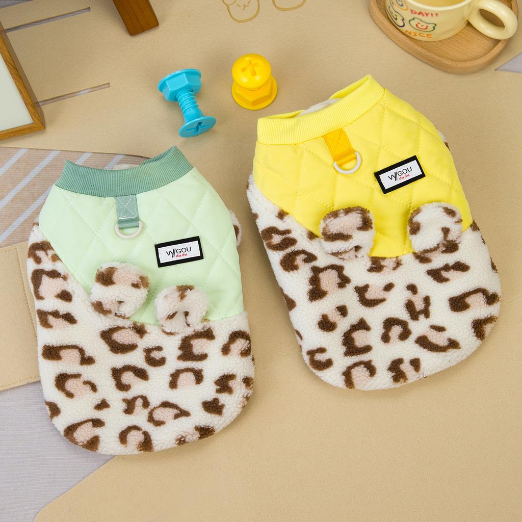 Pet Plush Coat Autumn/Winter Pet Clothing Dog Clothing Teddy Cat Clothing Leopard Pattern Splicing Leg Cotton Puppy Clothes