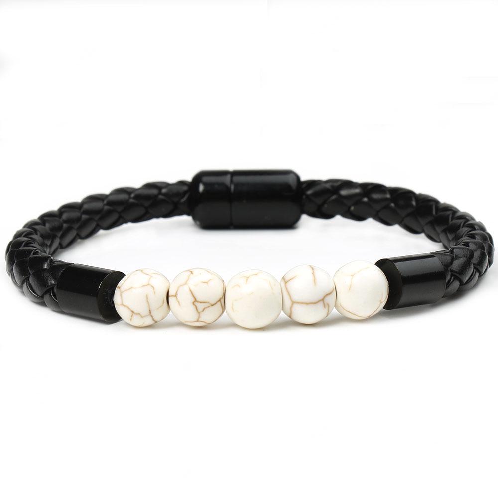 New Men's European American Style Stone Beaded Leather Bracelet with Magnetic Buckle